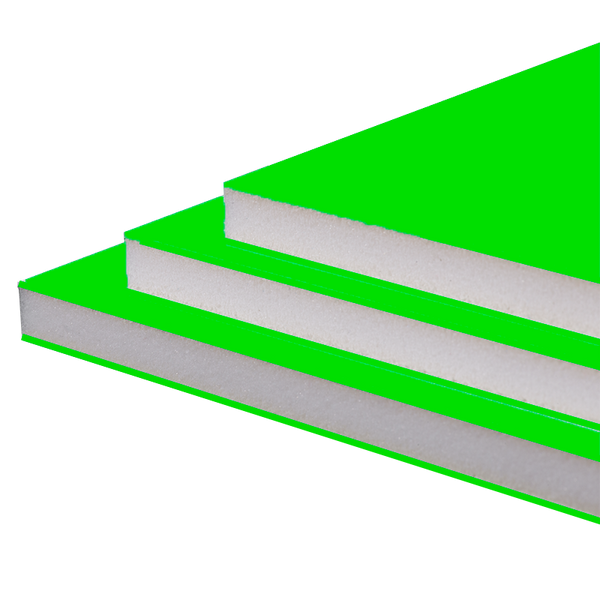Neon green foam board with white core for high visibility displays